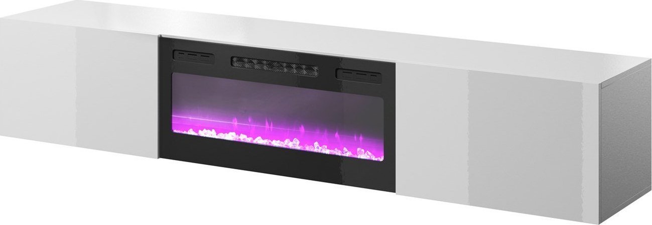 Cama Meble Szafka RTV SLIDE 200K z kominkiem elektrycznym 200x40xH37 cała w białym połysku