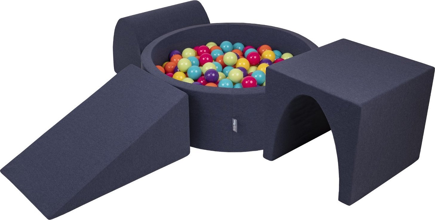 KiddyMoon Piankowy plac zabaw PPZP-OK30D-124 z piłeczkami granatowy: jasny zielony-żółty-turkus-pomarańcz-ciemny róż-fiolet basen 300/klin L/górka/tun