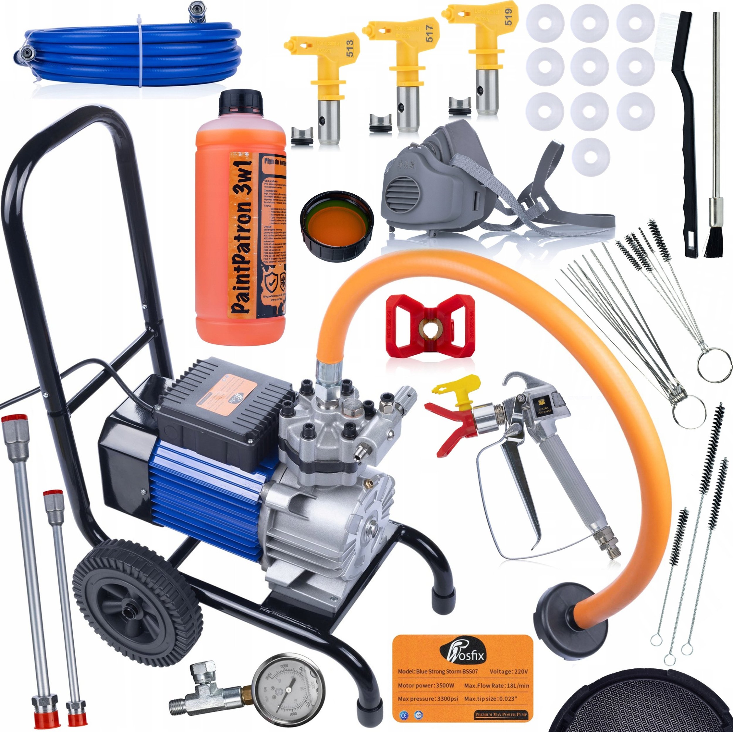 Rosfix Rosfix Agregat malarski Blue Strong Storm 3500w 22mpa 18l/min + Płyn 1L + Dysza 519 + Dysza 513 + 10x uszczelka + Maska + Zestaw czyszczący 17w