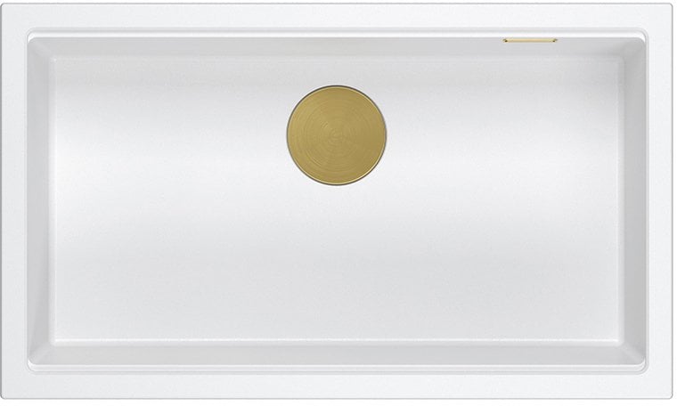 LOGAN 110 GraniteQ zlewozmywak snow white 76x45x23,5 cm 1-komorowy podwieszany z syfonem manualnym złoty+zestaw 2 noży Fiskars