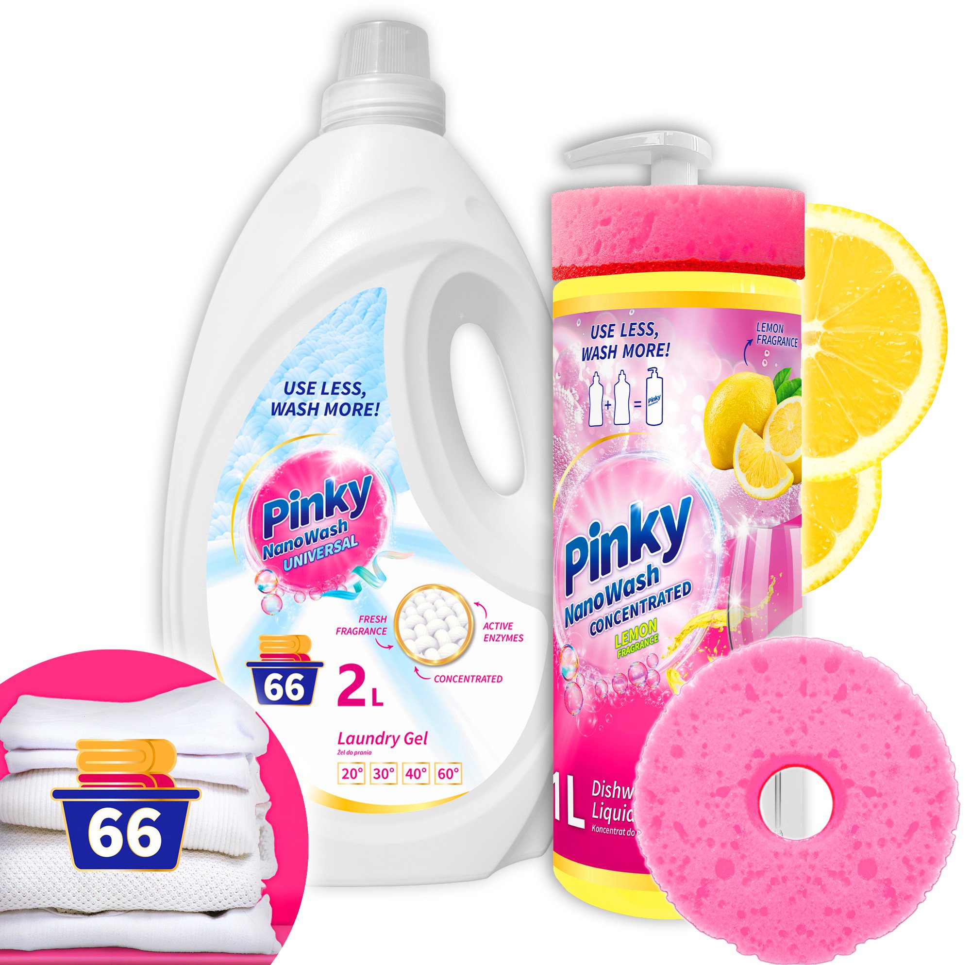 Zestaw Płyn do naczyń Cytryna 1L + Żel do prania do białych 2L 66 prań NanoWash PINKY