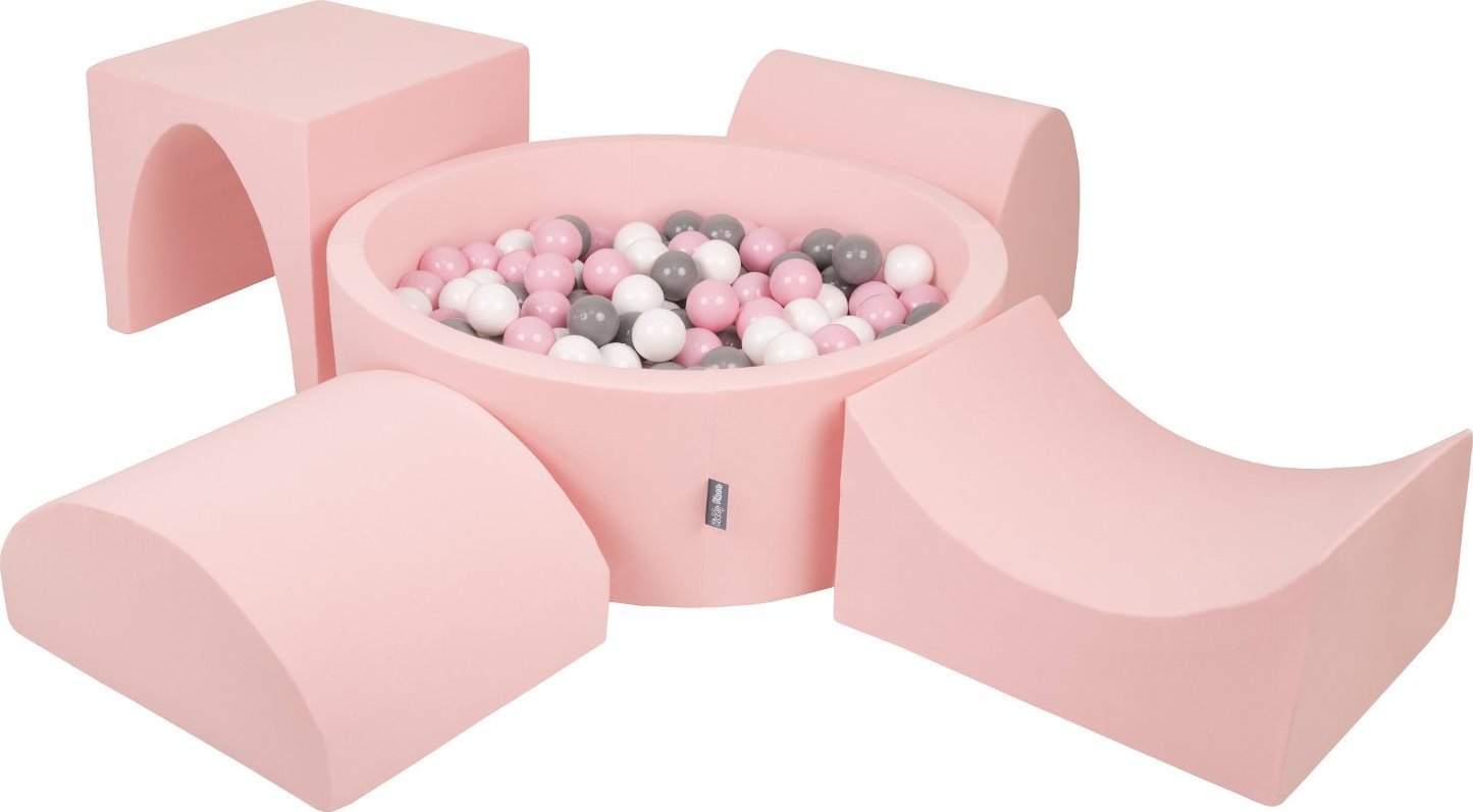 KiddyMoon KiddyMoon Piankowy plac zabaw PPZP-OK30D-135 z piłeczkami różowy: biały-szary-pudrowy róż basen 200/górka/tunel/rampa L/półwałek L Zabawka p