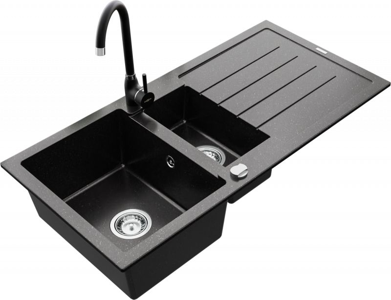 Zlewozmywak Mexen Mexen Andres zlewozmywak granitowy 1,5-komorowy z ociekaczem i baterią kuchenną Telma, czarny/srebrny - 6515-73-670200-70
