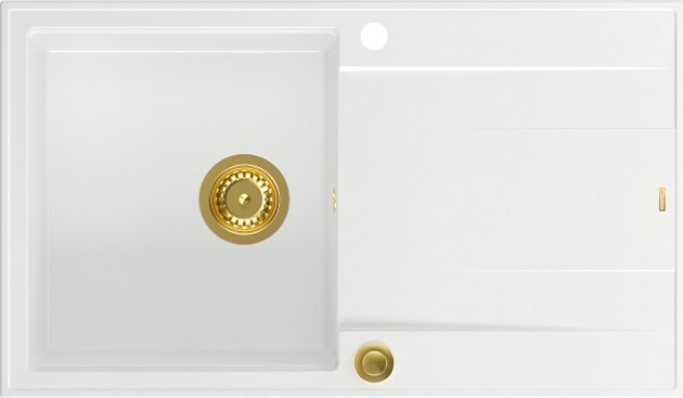 Zlewozmywak GraniteQ EVAN 111 GraniteQ zlewozmywak z syfonem Push 2 Open 1-komorowy z/o (860x500x210) snow white / elementy złote