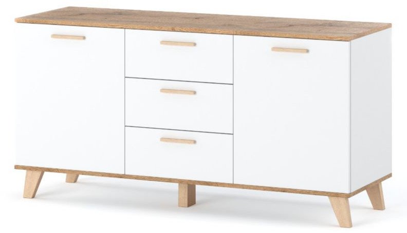 Komoda Biała Z Drewnem Olivier 150cm Pojemna Szafka Rtv Z 3 Szufladami