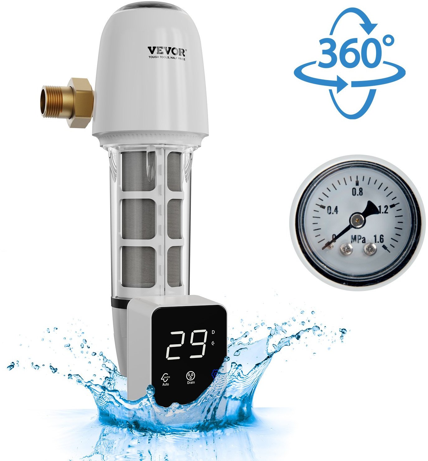 Filtr mechaniczny z płukaniem wstecznym z manometrem do wody 8 T/GODZ.