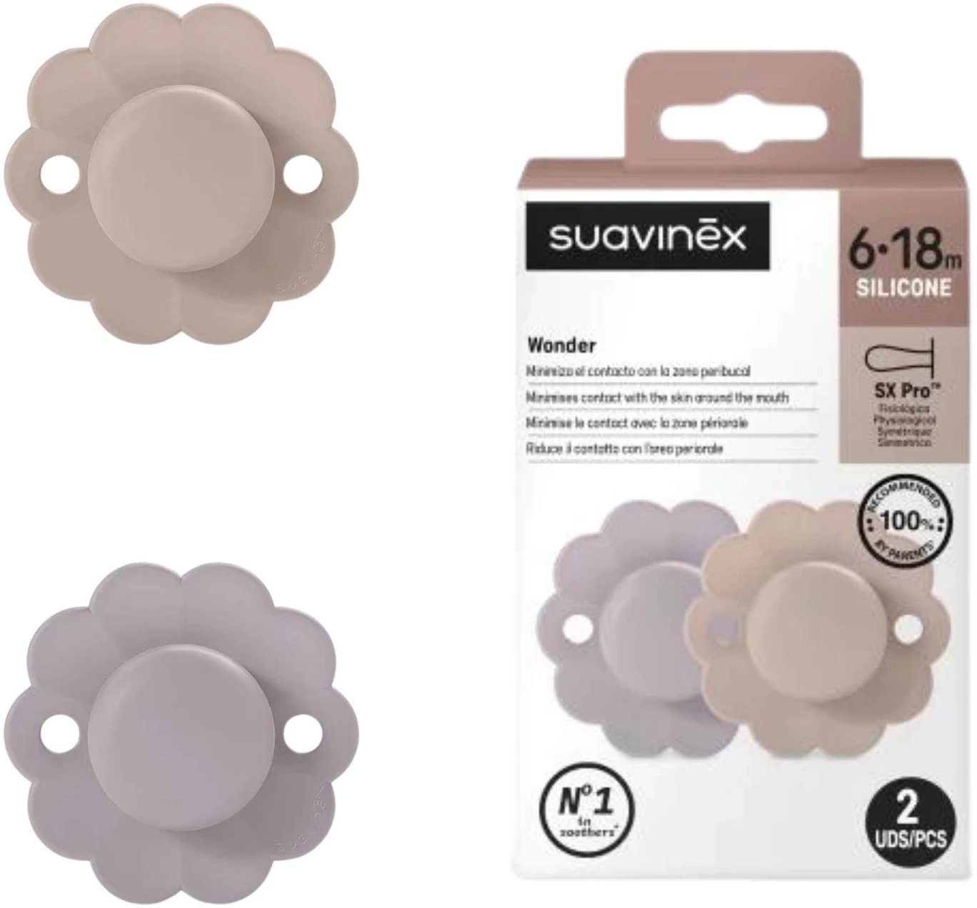 Suavinex Wonder sx dla fizjologicznych 6-18m 2 szt Mist Lavender + Pale Mau