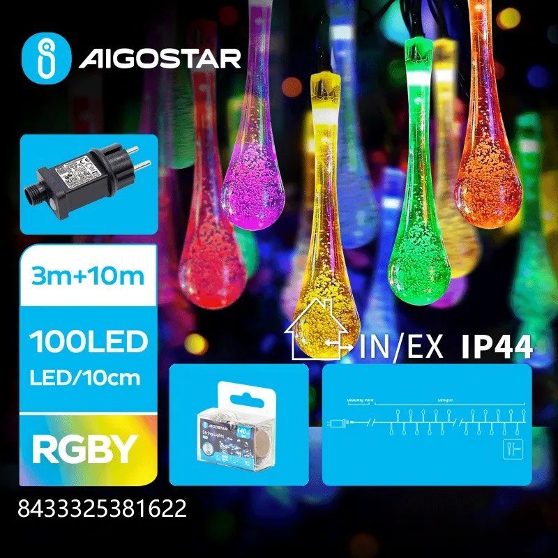 Lampki choinkowe Aigostar Niskonapięciowe lampki choinkowe 100led w kształcie kropli deszczu RGBY 10m+3 Niskonapięciowe lampki choinkowe 100led w ksz