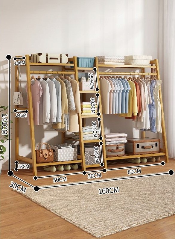 Hedo Podwójny bambusowy wieszak na ubrania z 5 półkami długość 160 cm