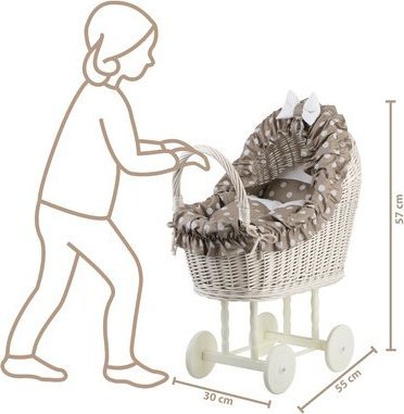 WickerPL LULU WIKLINOWY wybielany WÓZEK DLA LALEK Z POŚCIELĄ 55X30 H67 CM
