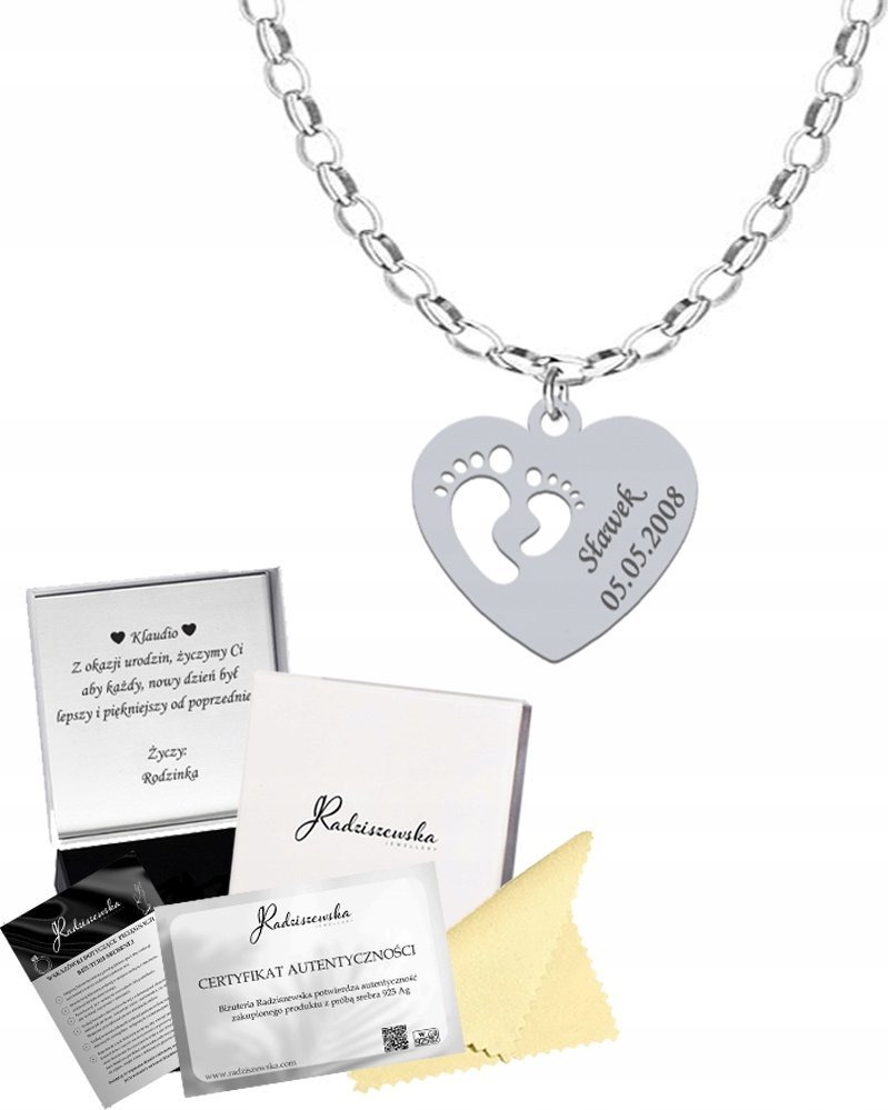 Radziszewska Jewellery Naszyjnik Srebrny SERCE STÓPKI Imię Dziecka Prezent dla Mamy GRAWER GRATIS