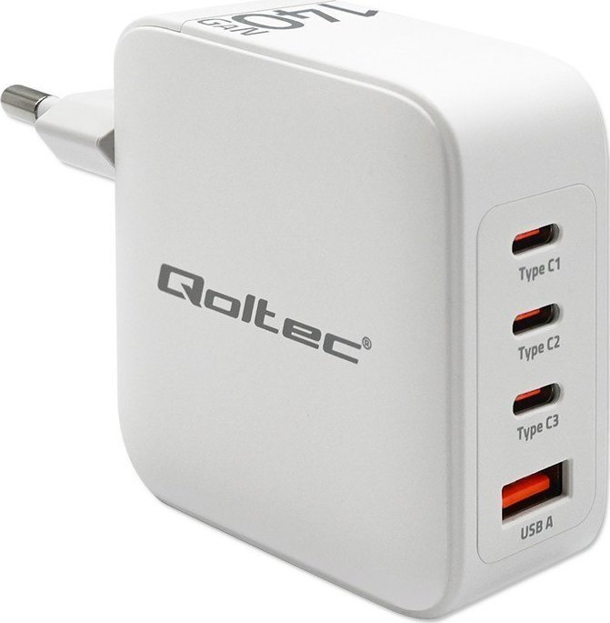 Ładowarka Qoltec Ładowarka sieciowa 140W GaN | 5-20V | 2.5-5A | 3 x USB-C PD | 1 x USB QC 3.0 | Biała