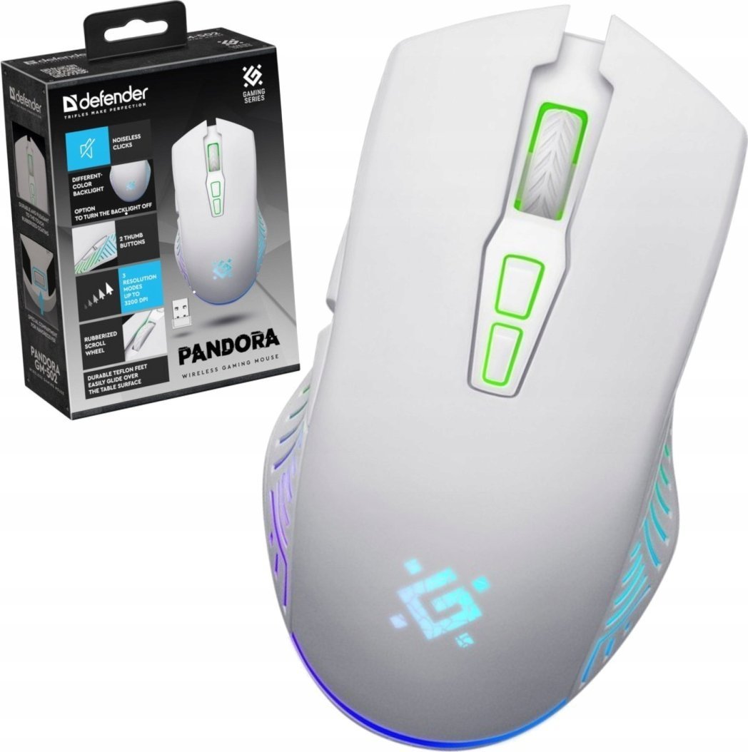 Mysz Defender Mysz bezprzewodowa Defender PANDORA GM-502 optyczna 3200dpi biała RGB AKUMULATOR 7 przycisków Gaming bezklikowa silent