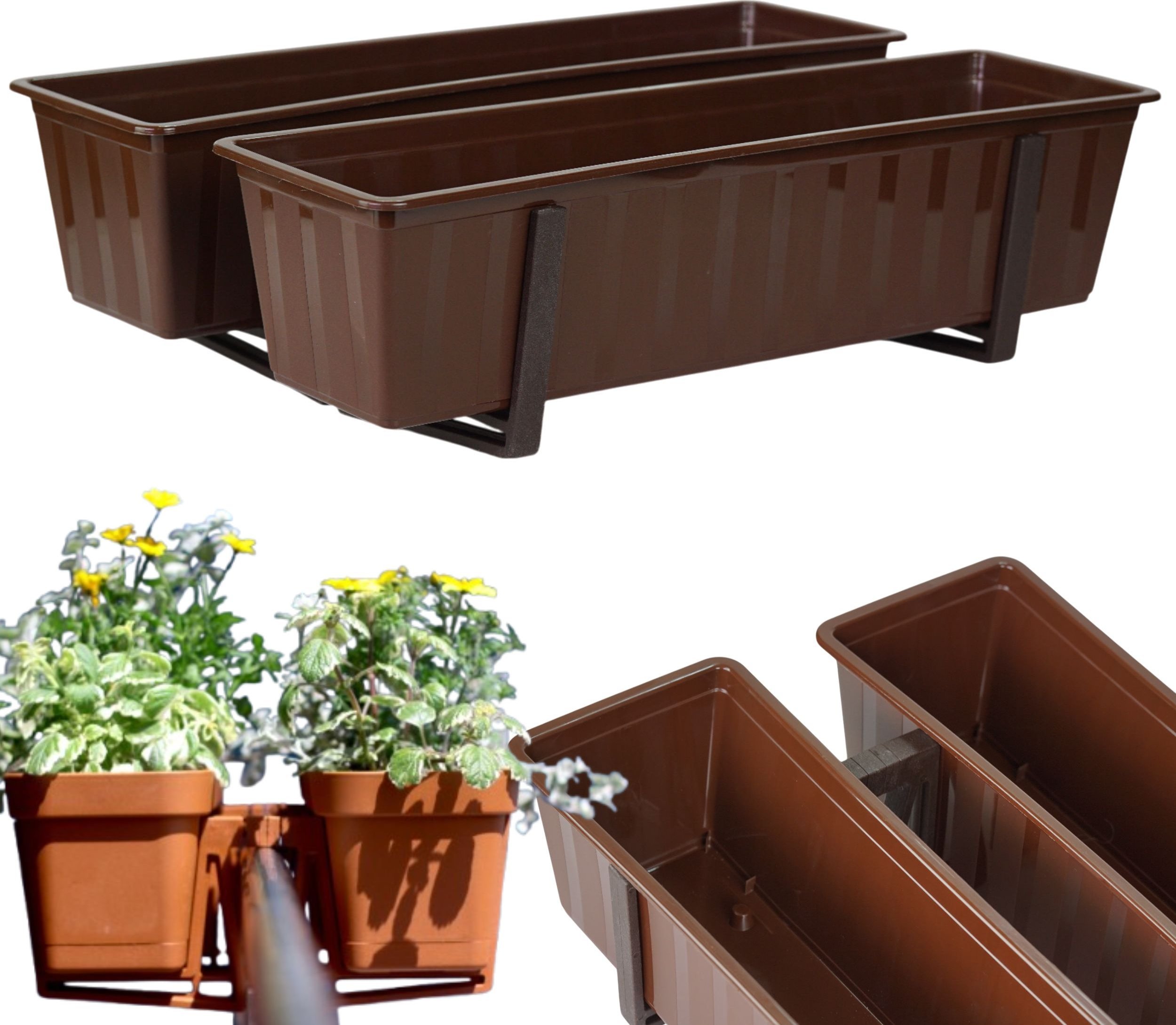2x Skrzynka balkonowa Agro Doniczka prostokątna 59cm na balustradę + Uchwyty dwustronne