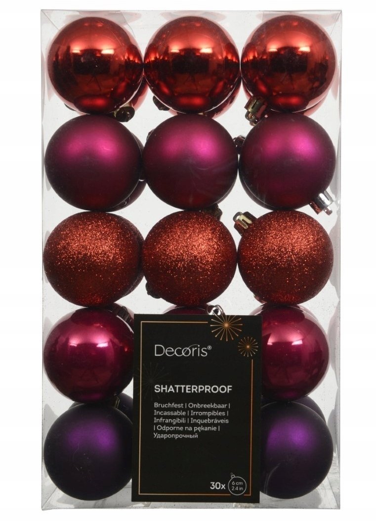 Bombki choinkowe nietłukące zestaw 30 sztuk fioletowo czerwone 6 cm