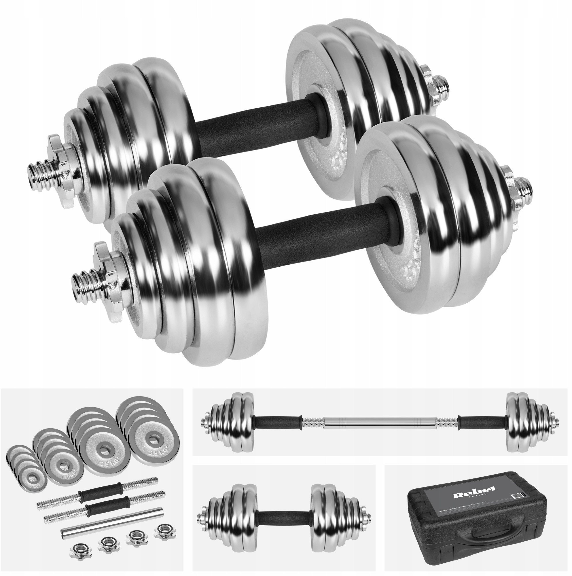 Hantle żeliwne chromowane regulowane w walizce z gryfem, zestaw 30kg REBEL ACTIVE