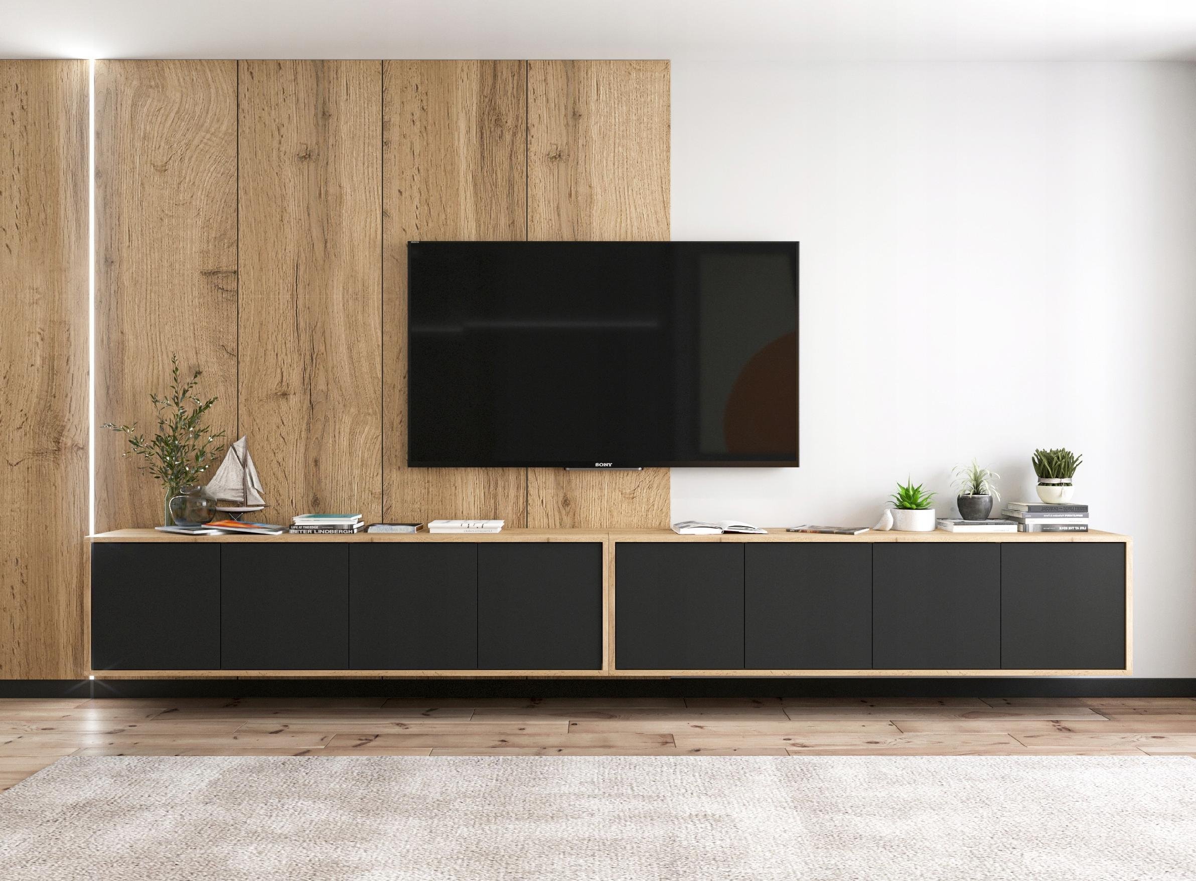 Meble Lindner Wisząca Szafka RTV Loft Komoda 300 cm Czarny MAT