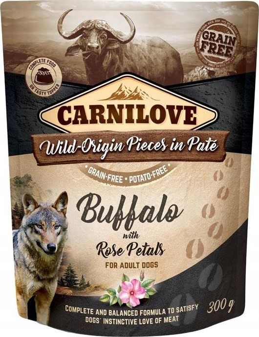Carnilove Dog Pouch Bufallo Rose Petals - bezzbożowa mokra karma dla psa, bawół i płatki róż, saszetka 300g uniwersalny