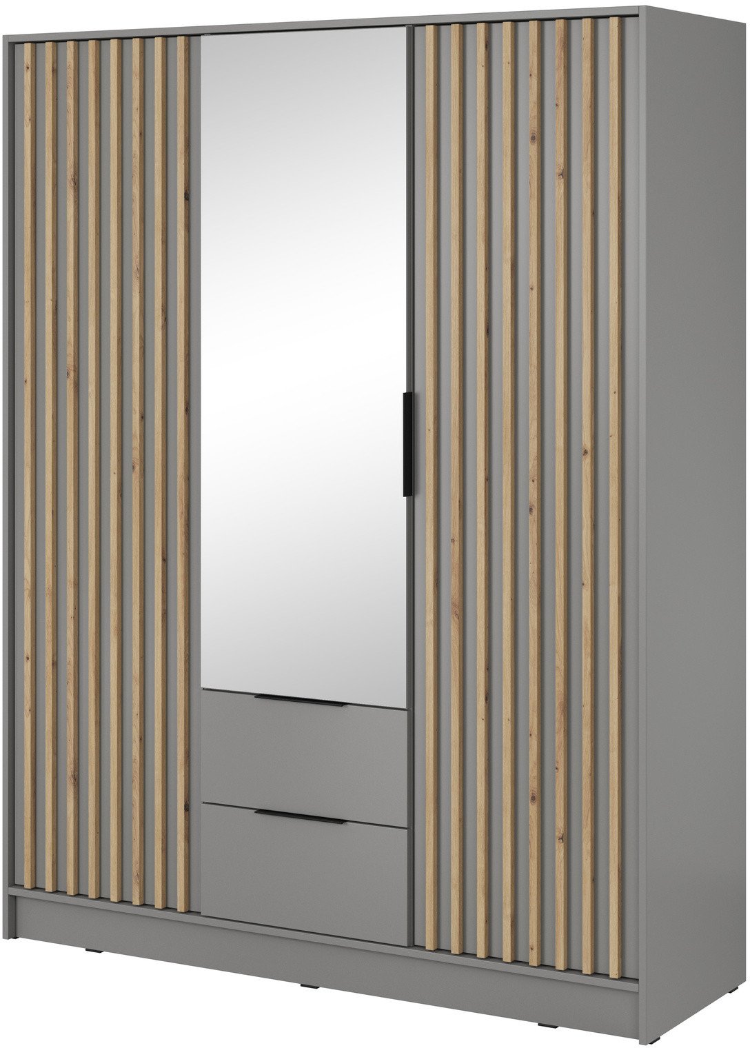 Szafa Stilo w kolorze szarym trzydrzwiowa z lustrem i lamelami na froncie