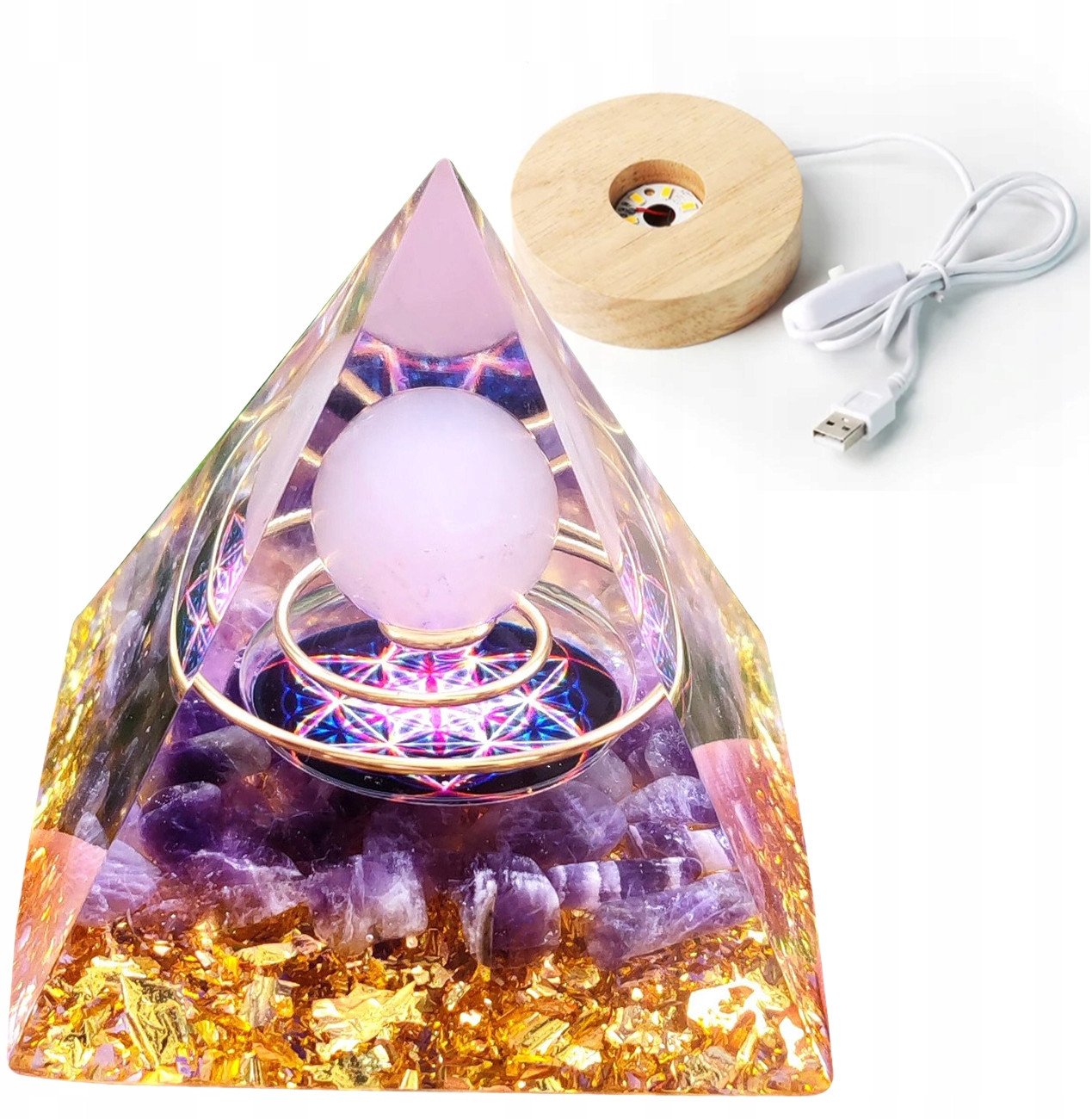 Piramida ORGONIT +LED Lampka PODSTAWA 5cm KRYSZTAŁ KAMIENIE AMULET 5cm HX08