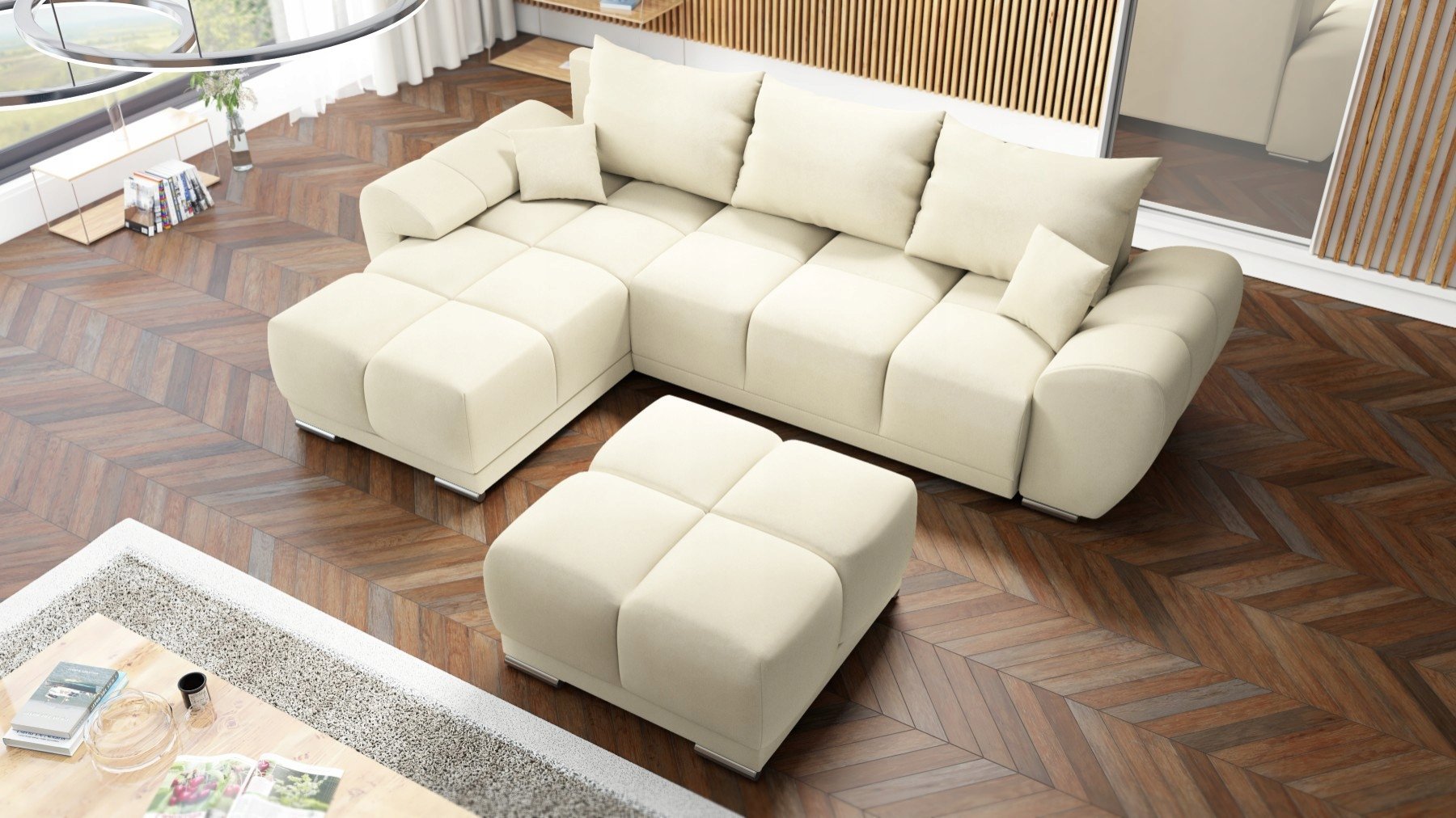 BEŻOWY NAROŻNIK ROZKŁADANY Z FUNKCJĄ SPANIA HONEY L + DUŻA PUFA