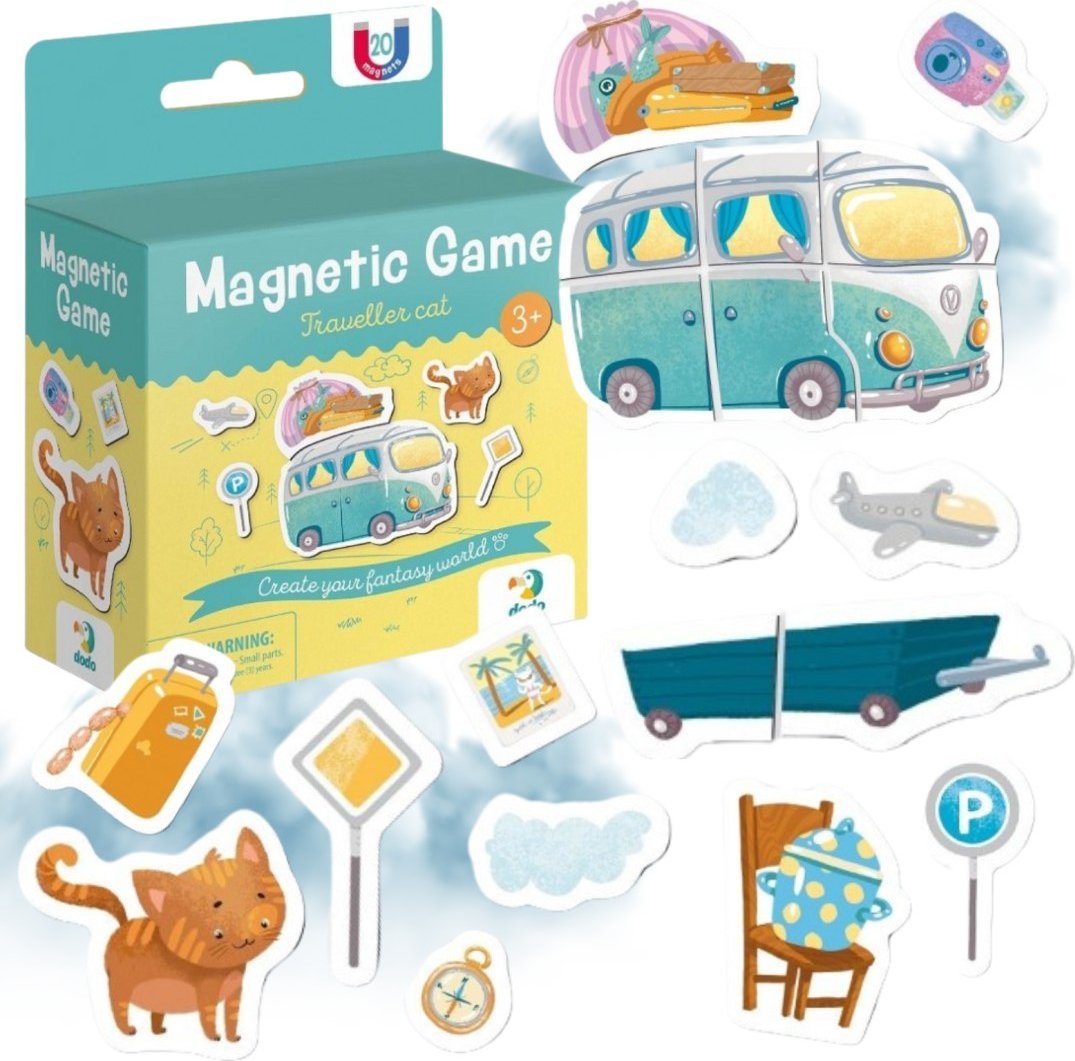 GRA MAGNETYCZNA "PODRÓŻNIK KOT" 20 ELEMENTÓW KOLOROWYCH MAGNESÓW DO ZABAWY