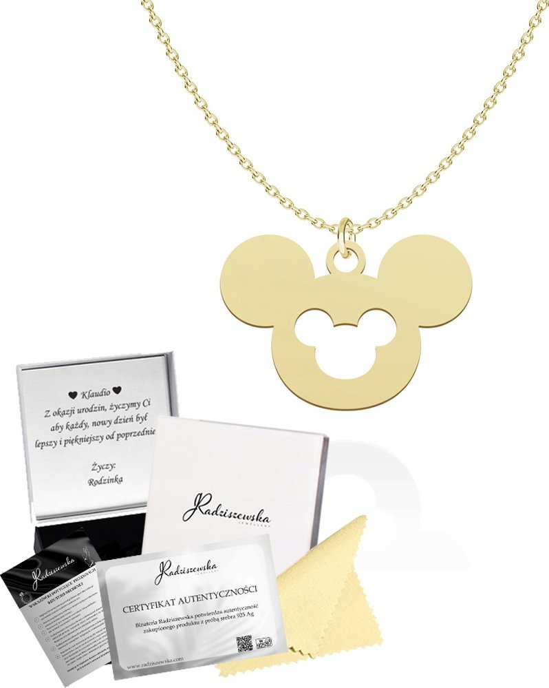 Radziszewska Jewellery Złoty Naszyjnik z Myszą Miki SREBRO 925 Myszka Minni 925 Prezent DEDYKACJA