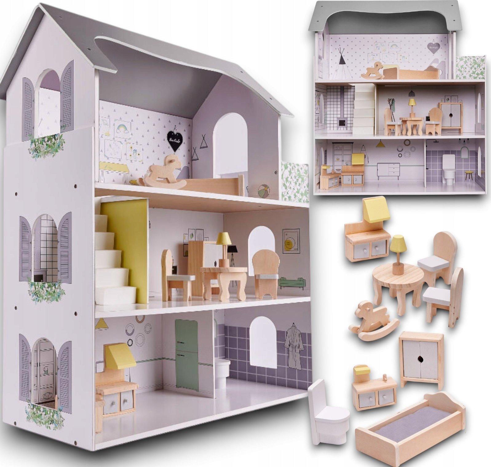 Drewniany domek dla lalek + Meble