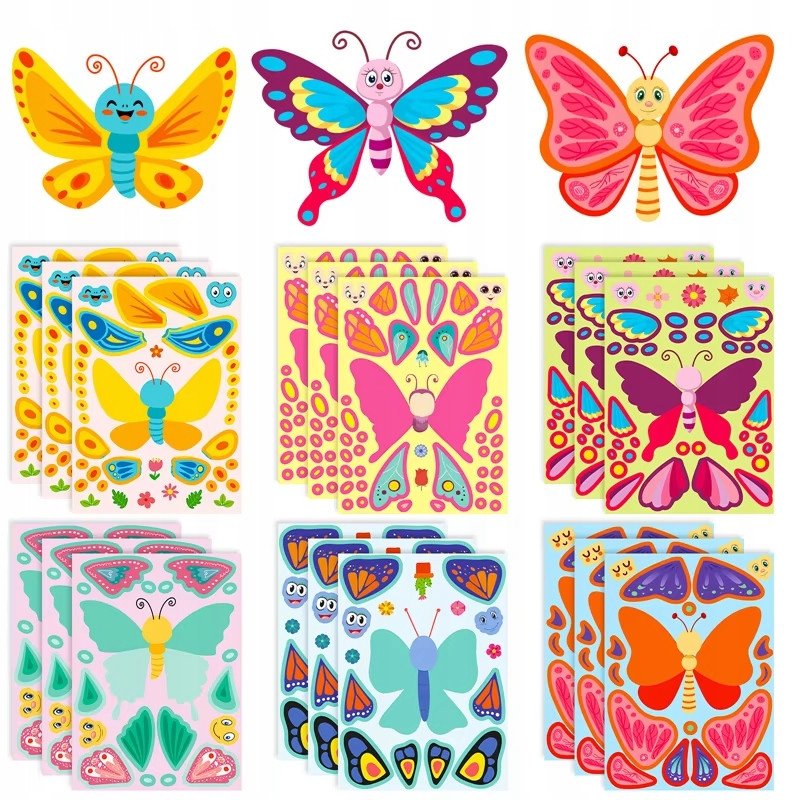 Wyklejanka Manualna dla dzieci Motyle Naklejka Motylki Naklejki 6 Arkuszy