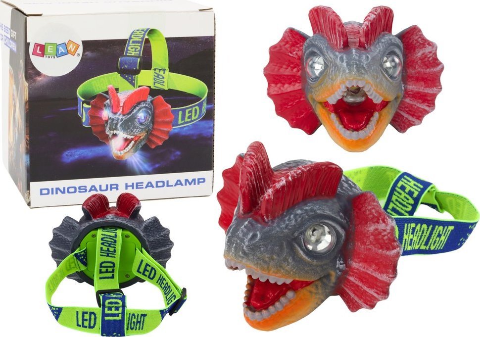LeanToys Latarka Czołówka Dinozaur Regulowana Opaska 3 Diody Led
