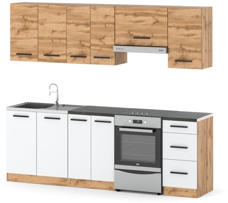 Meble Kuchenne Białe Z Drewnem Zestaw Mokka 2.4m Nowoczesny Modułowy