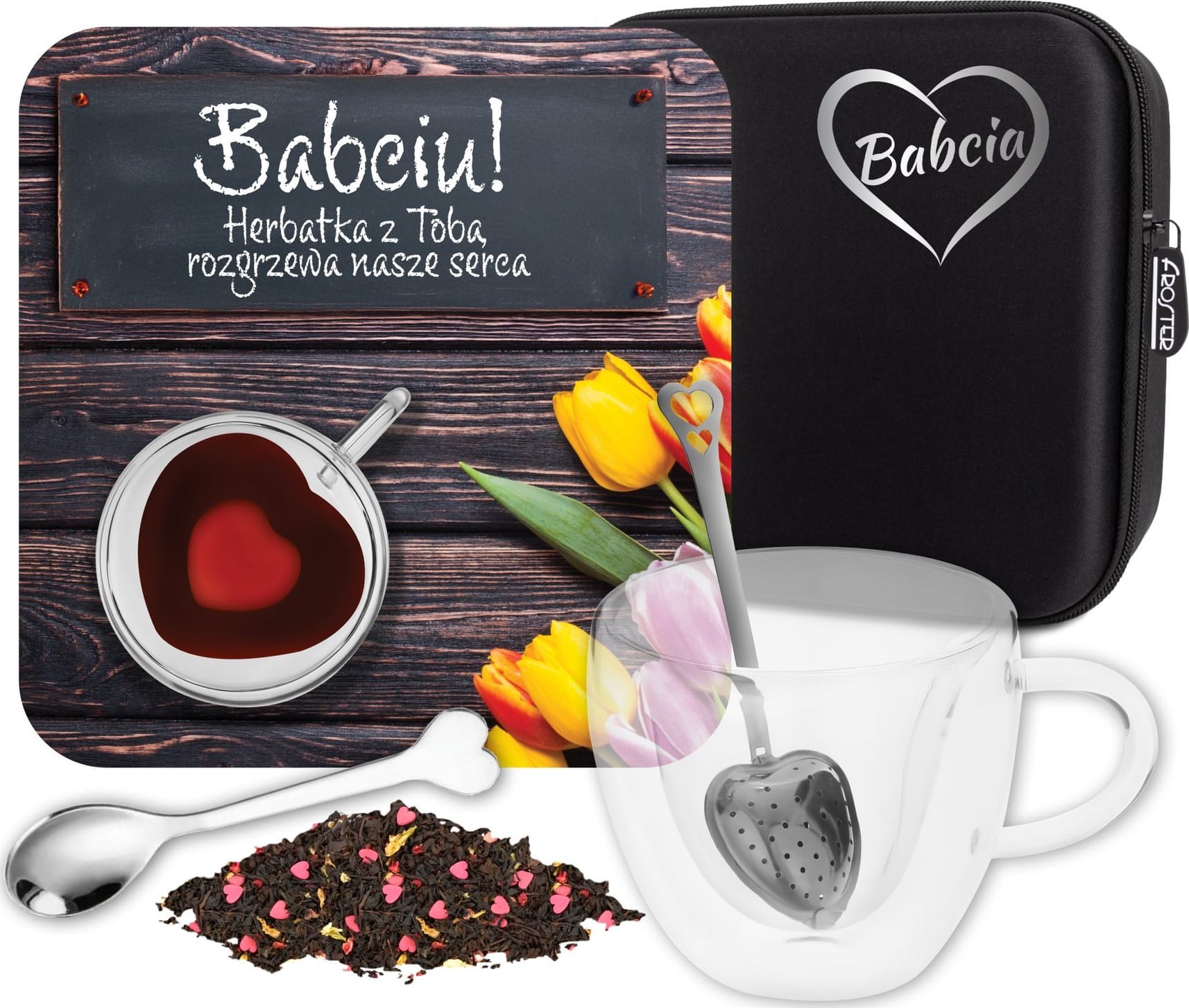 Zestaw Prezentowy dla Babci - Serce - Filiżanka serce, herbata, akcesoria