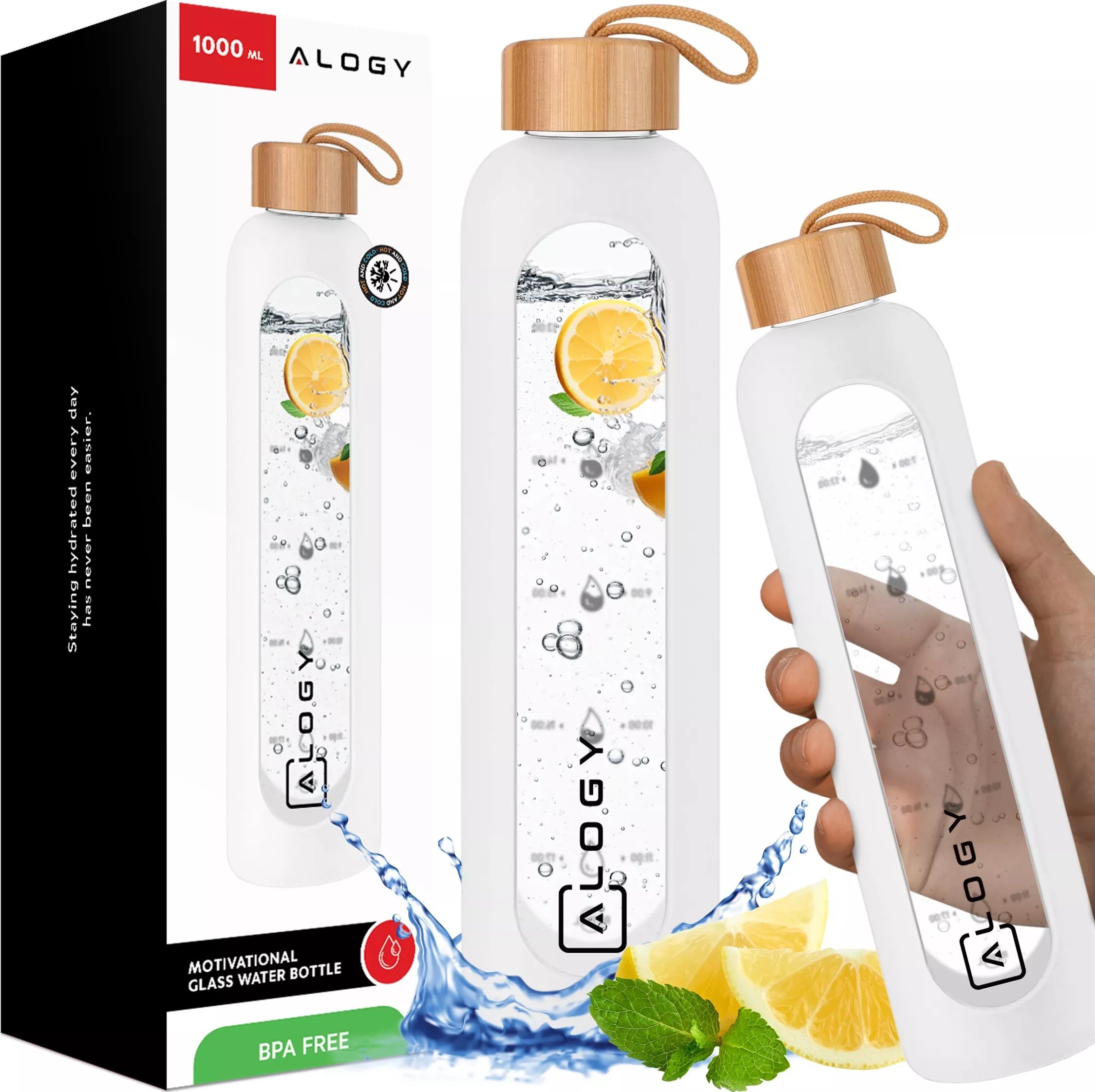Alogy Butelka szklana duża bidon na napoje do picia Alogy Miarka motywacyjna 1l 1000ml etui silikonowe Biała