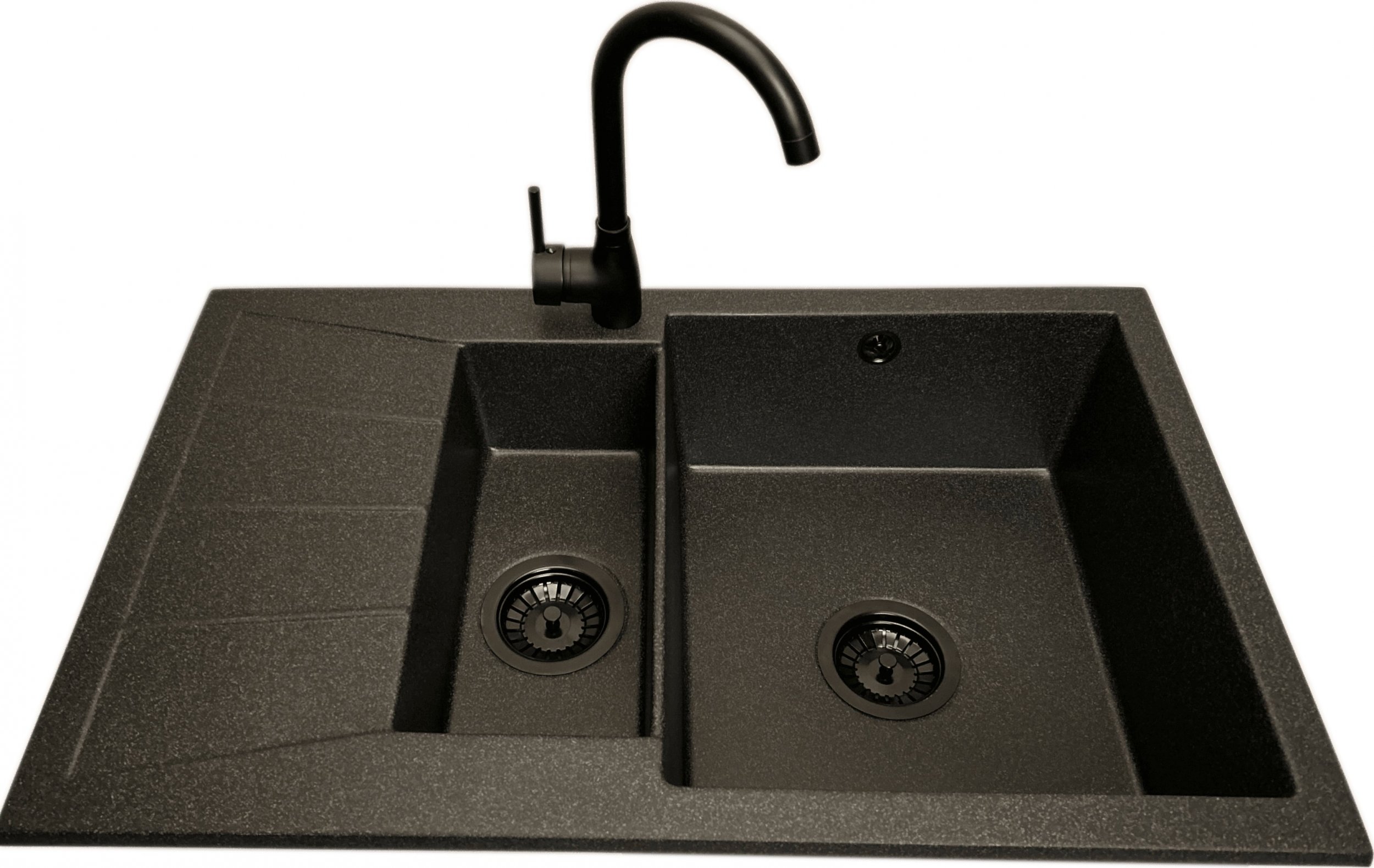 Zlewozmywak PREHNIT Zlewozmywak 1,5 komorowy z ociekaczem MILOS grafit z lewym ociekaczem + bateria LUNA