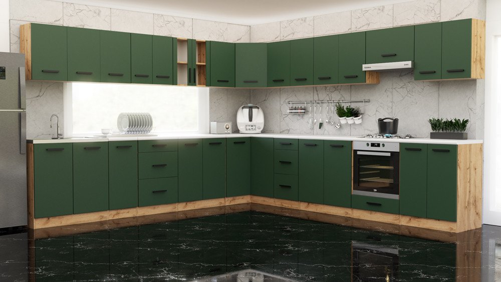 Kuchnia Narożna Modułowa Z Blatem 6.8m Wotan Butelkowa Zieleń San Sebastian