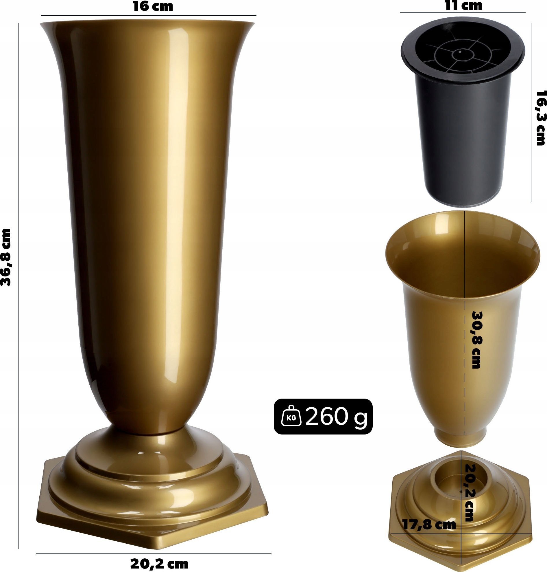 Kadax Wazon Flakon Na cmentarz Grób Nagrobek Złoty 37cm