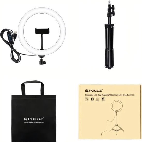 Lampa pierścieniowa Puluz LED žiedinė lempa 26cm, su trikoju stovu iki 1.1m ir telefono laikikliu, USB