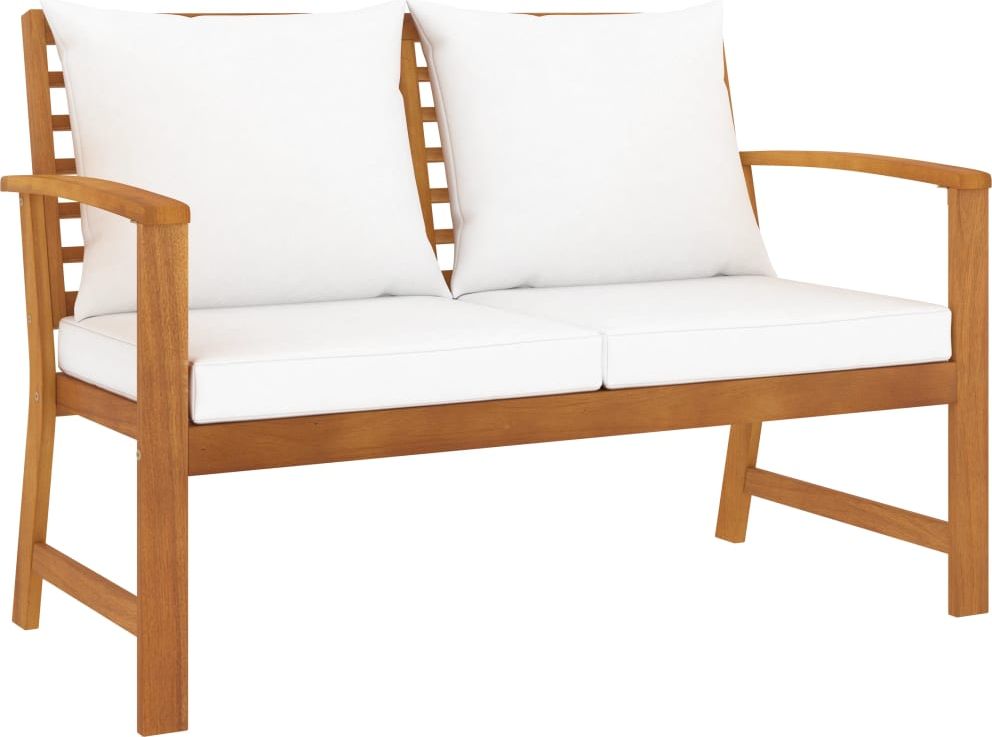 vidaXL Ławka ogrodowa, 120 cm, kremowe poduszki, drewno akacjowe