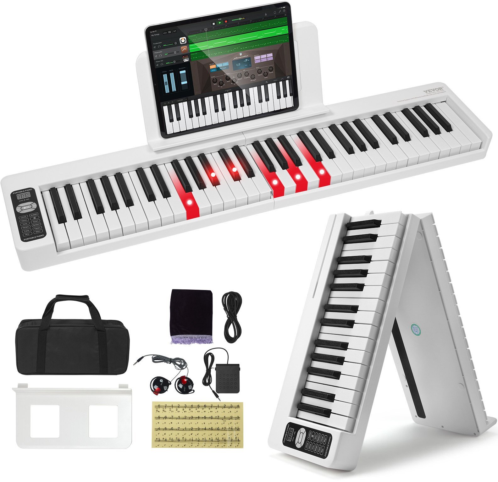 Keyboard Składany 61 Klawiszy MIDI z Bluetooth Podświetleniem Biały