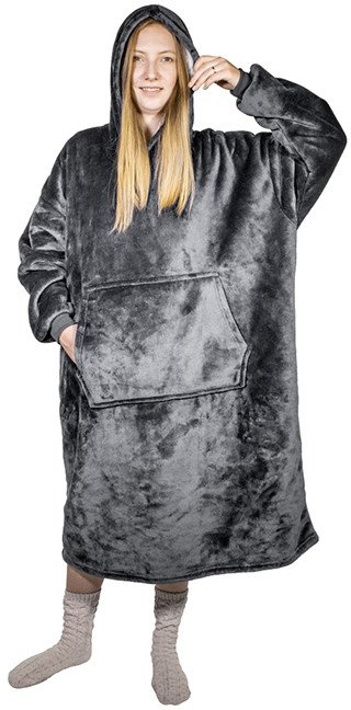 Ponczo telewizyjne z kapturem Hoodie szare - kocobluza z futerkiem, ciepłe, długi rękaw, duża kieszeń