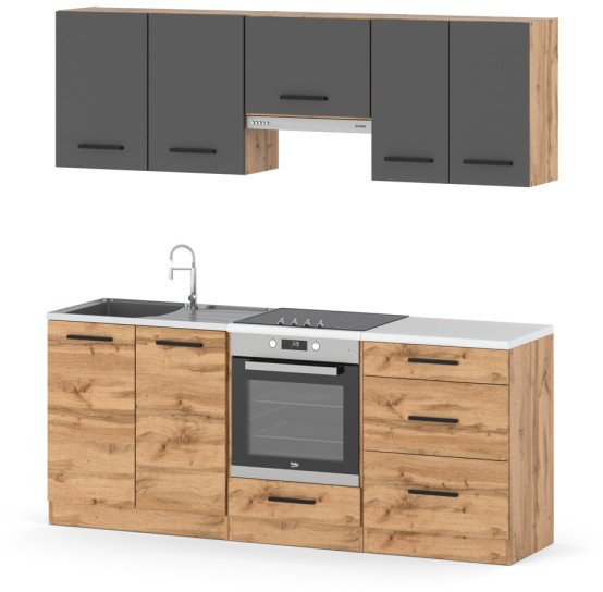 Kuchnia Modułowa Mała Nowoczesna Z Blatem 2.0m Wotan Szary Mat Dąb Wotan