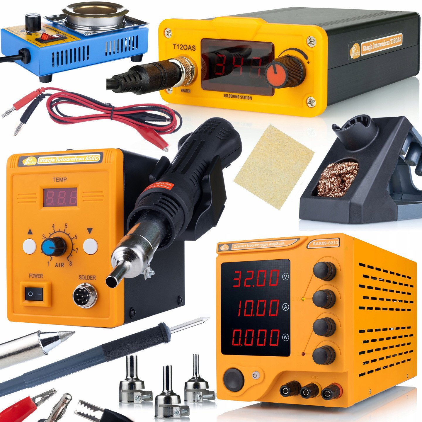 Rosfix Zasilacz laboratoryjny Rosfix AmpRush RARES-3210+Stacja lutownicza na groty T12 T12OAS+Stacja Lutownicza Hot-Air 858D+Tygiel lutowniczy 21-B 16