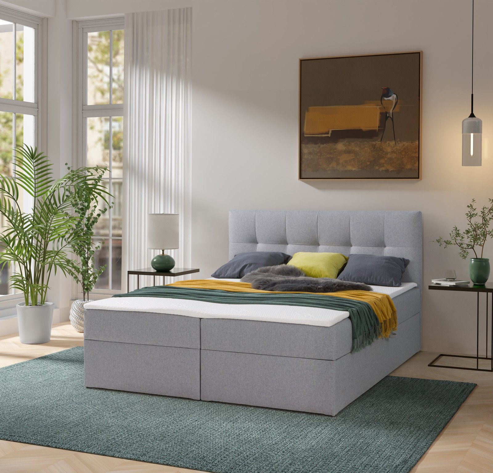 Łóżko kontynentalne Toronto 160200 (Herbi 40 - Szary) z materacem bonell i topperem