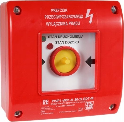 Spamel Ręczny przycisk przeciwpożarowego wyłącznika prądu PWP1 (1NC) z certyfikatem CNBOP - 2LED zielony/czerwony 230V