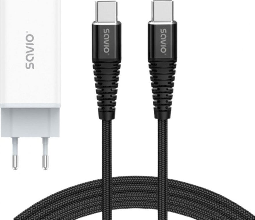 Ładowarka Savio Ładowarka sieciowa 65W GaN LA-07 z kablem typu C-USB typ C 100W 1m, biało-czarna