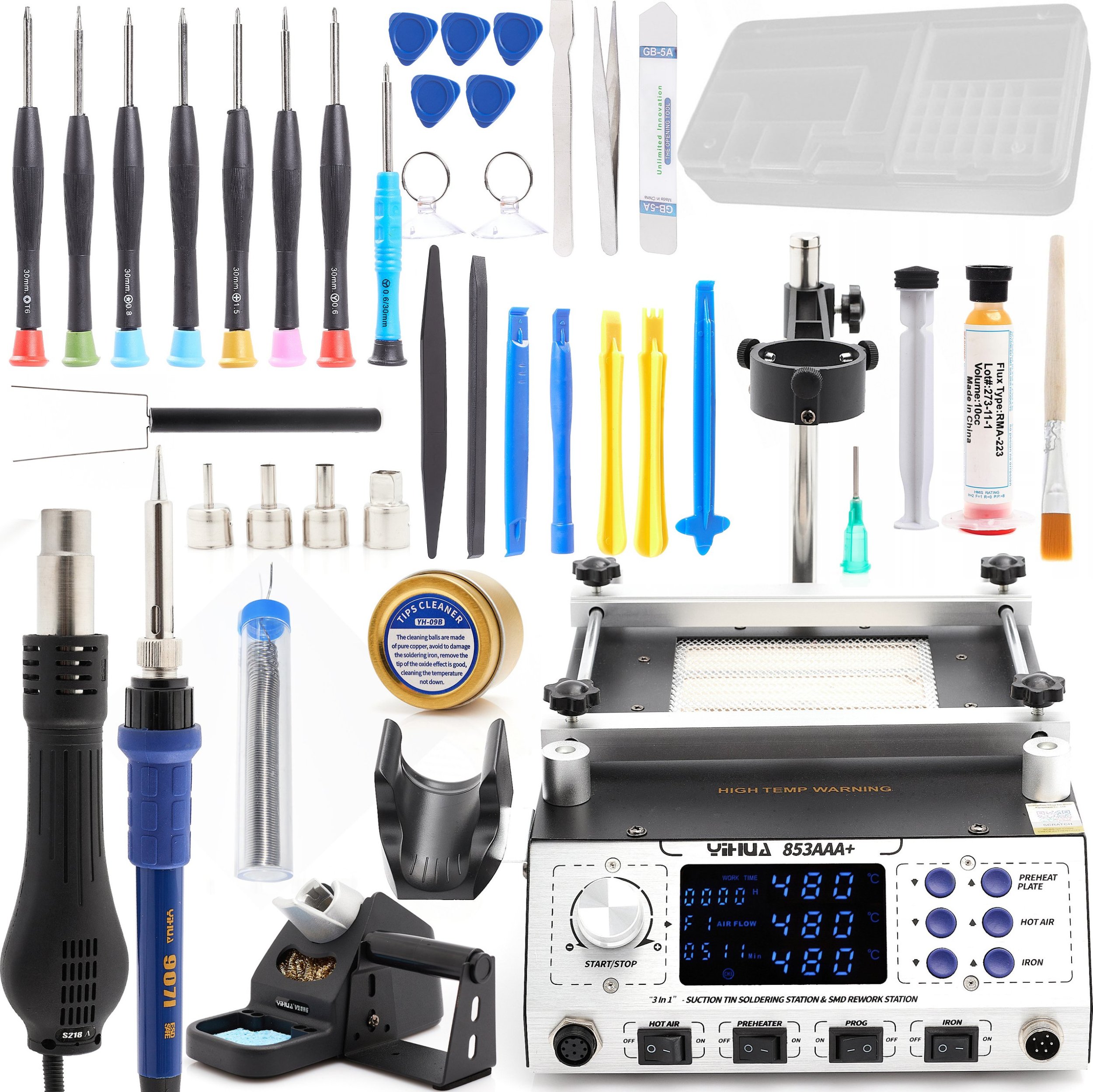 Zestaw Stacja Lutownicza 3w1 Yihua 853AAA+ Narzędzia GSM 25w1 + Akcesoria