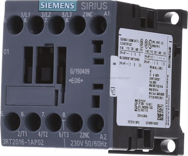 Siemens Stycznik mocy 9A 3P 230V AC 0Z 1R S00 (3RT2016-1AP02)