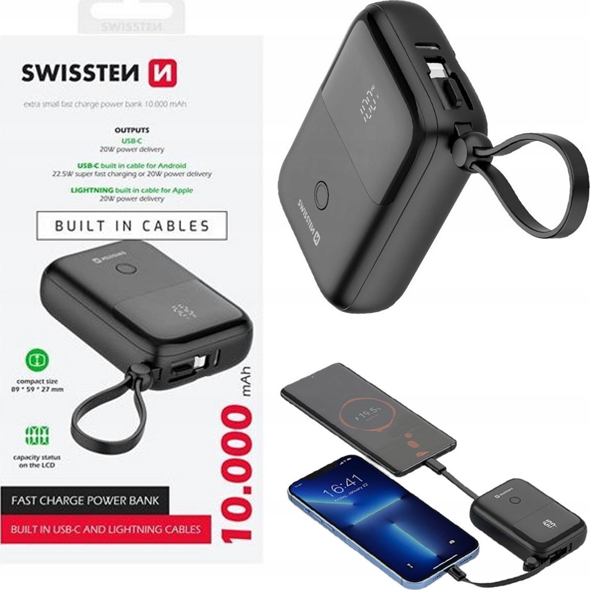Swissten PowerBank 10000 mAh 22.5W z kablami - Czarny