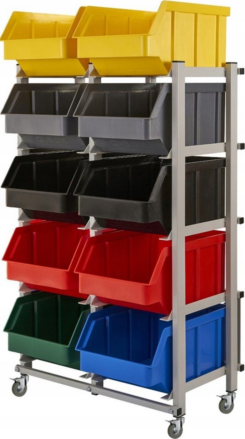 qBox Regał do pojemników warsztatowych, jednostronny, jezdny Wym: 1100x660x490 mm 10 pojemników (Regał z pojemnikami)