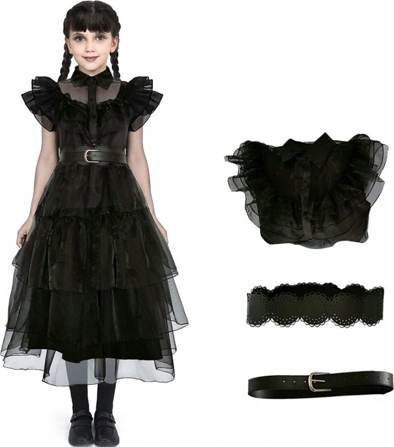 SUKIENKA WEDNESDAY ADDAMS TIULOWA PRZEBRANIE DLA DZIECI HALLOWEEN STRÓJ 120